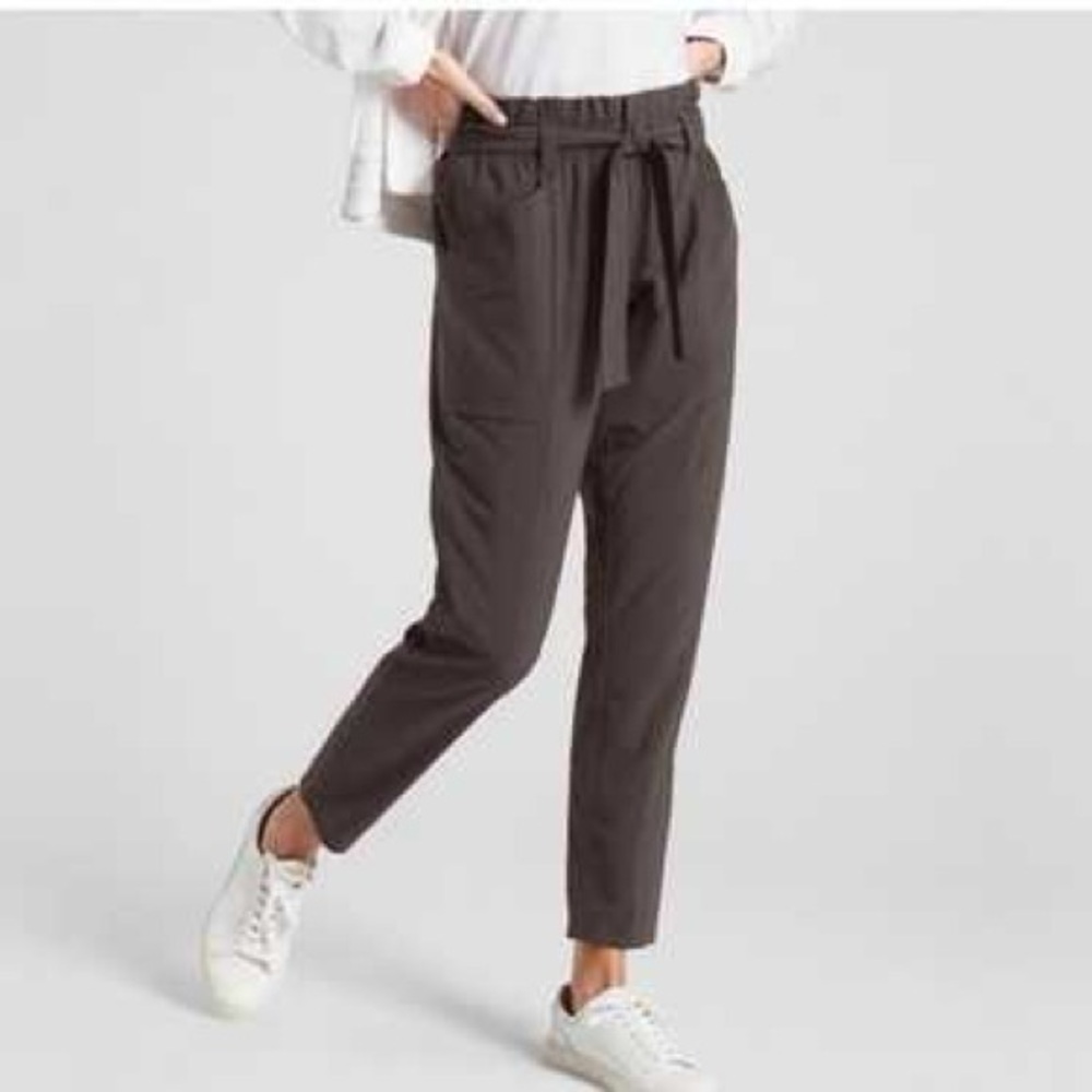 Athleta Skyline Pant Women's 4 Olive Stretch Tie Waist Slim Taper Patch Pockets